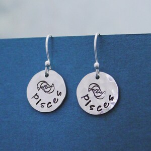 Hand Stamped Pisces Sterling Silver Earrings: Zodiac Jewelry