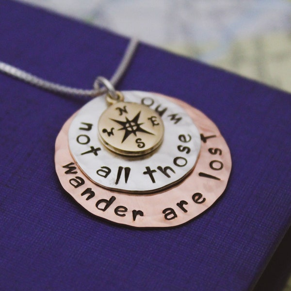 Not All Those Who Wander Compass Necklace: Sterling Silver, Copper & Bronze