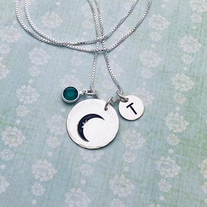 Maan- en sterketting, gepersonaliseerd met initiaal en geboortesteen, sterling zilver