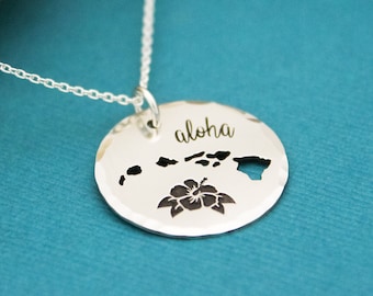 Sterling Silver Hawaii Aloha Necklace: Hibiscus Flower, Island Cutout