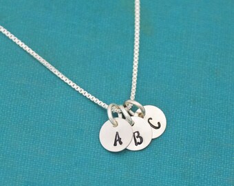 Three (3) Tiny Initial Sterling Silver Necklace Personalized Hand Stamped Jewelry, Mother's Day Gift Ideas, Gifts for Mom, Gifts for Her