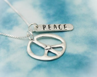 Peace Heart Necklace, Sterling Silver Peace + Love Necklace, Peace Sign Gift, Peace Love Jewelry, Birthday Jewelry Set, Peace Necklace Gift