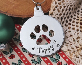 Paw Print Christmas Ornament, Personalized Pet Name Christmas Ornament, Custom Ornament, Cute Dog or Cat Pet Ornament, Hand Stamped Aluminum