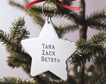 Christmas Star Family Ornament Personalized Hand Stamped in Aluminum, Unique Custom Family Ornament, Newlywed Ornament, Couples, Names, Kids