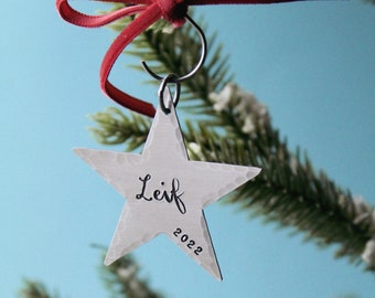 Christmas Star Ornament Personalized Hand Stamped in Aluminum