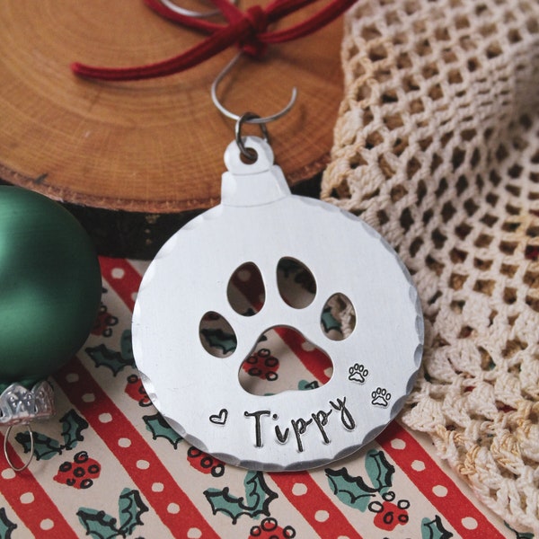 Paw Print Christmas Ornament, Personalized Pet Name Christmas Ornament, Custom Ornament, Cute Dog or Cat Pet Ornament, Hand Stamped Aluminum