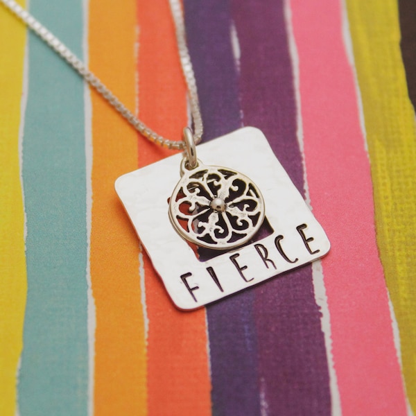 FIERCE Necklace, Mandala Necklace, Sterling Silver Hand Stamped Jewelry, Custom Motivational Inspirational Gift for Her, Fierce Gift