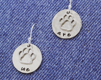 We Are Paw Print Earrings, Penn State Earrings, Nittany Lions Gift, PSU Grad Gift, Graduation Gift for Penn State, Hand Stamped Jewelry