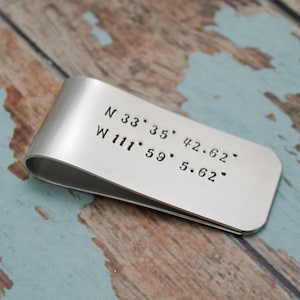 Personalized Coordinates Money Clip: Hand Stamped Aluminum Gift