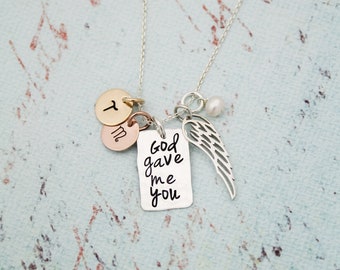 God Gave Me You Necklace, Cross Necklace, Angel Wing Jewelry, Mom Necklace, Mommy Jewelry, Birthstone Necklace, Sterling Silver Hand Stamped