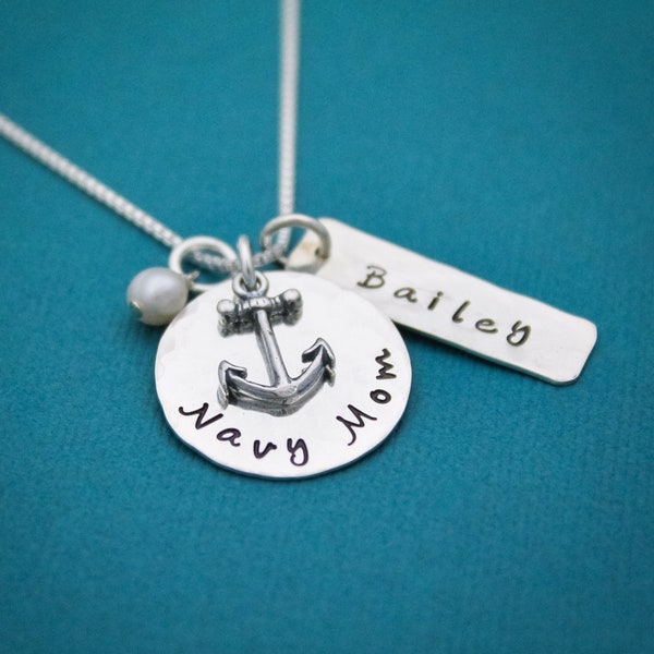 Navy Mom Necklace - Personalized Sterling Silver Navy Anchor Necklace - Customized with Name and Birthstone - Navy Wife Necklace