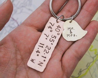 Latitude and Longitude Keychain, Coordinates Key Chain, Our First Kiss, Engagement, Anniversary, Hand Stamped Personalized Keychain