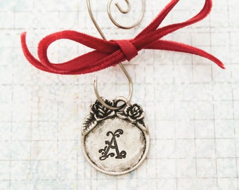 Rustic Initial Christmas Ornament,  Personalized Hand Stamped in Pewter, Initial Christmas Ornament, Unique Custom Gift Tag, Custom Ornament