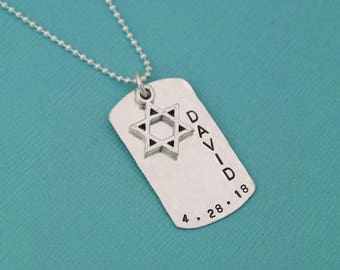 Bar Mitzvah Necklace Personalized in Sterling Silver, Personalized Star of David Necklace, Custom Bar Mitzvah Dog Tag Charm, Gift for Him