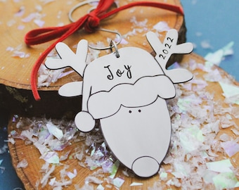Personalized Reindeer Christmas Ornament: Hand Stamped Aluminum