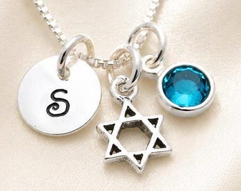 Star of David Charm Necklace for Bat Mitzvah  Personalized Sterling Silver Hand Stamped Jewelry