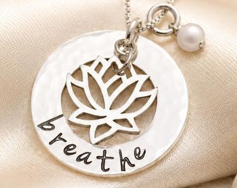 Personalized Lotus Necklace: Hand Stamped Sterling Silver Yoga Jewelry
