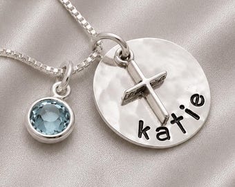 Personalized Sterling Silver Cross Necklace: Confirmation Gift with Birthstone