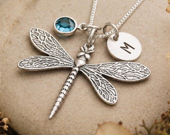 Dragonfly Necklace in Sterling Silver with Initial & Birthstone, Birthstone Birthday Gift, Personalized Present, Christmas gift for her