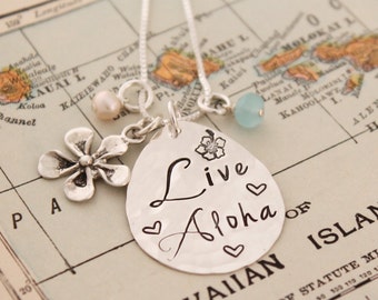 Live Aloha Sterling Silver Plumeria Necklace: Hand Stamped