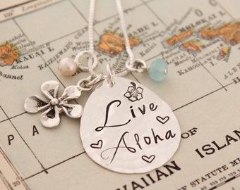 LIVE ALOHA Necklace, Plumeria Necklace, Hawaiian Jewelry, Hand Stamped Necklace, Personlized Jewelry