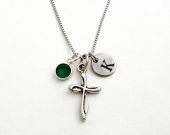Fancy Cross Necklace Stainless Steel with Birthstone & Initial