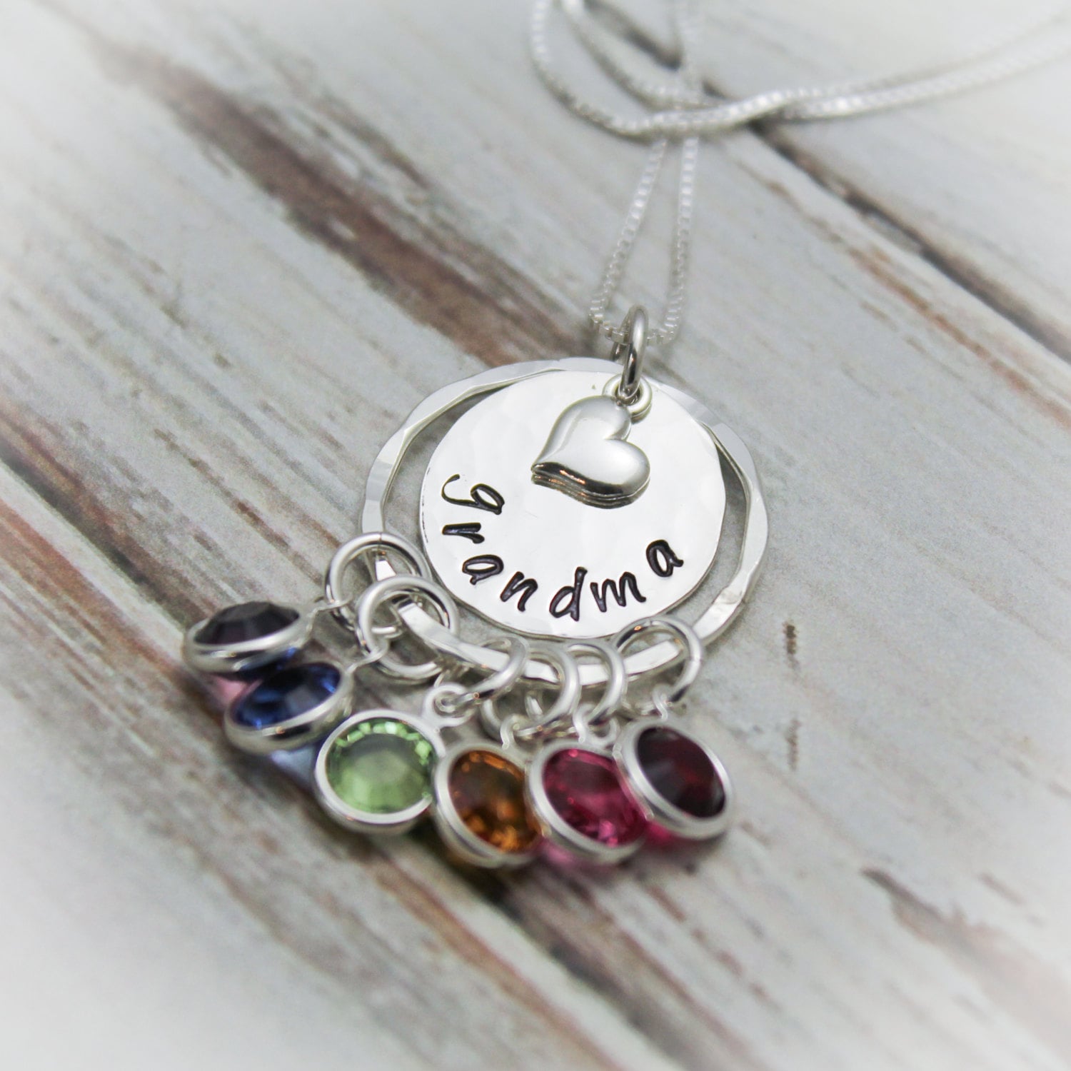 Grandmothers Charm Necklace with Floating Hearts for Four Grandchildren