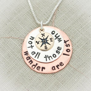 Sterling Silver Copper and Bronze Disc Necklace Not All Those Who Wander Are Lost Compass Hand Stamped Jewelry image 4