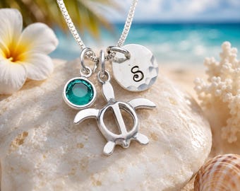 Sterling Silver Sea Turtle Necklace: Honu, Birthstone & Initial Charm