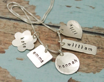 Name Charm Necklace, Custom Charms, Hand Stamped Sterling Silver Family Charm Necklace, Mother's Day Gift