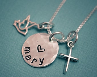 Dove and Cross Charm Necklace for Confirmation Personalized Sterling Silver Hand Stamped Jewelry