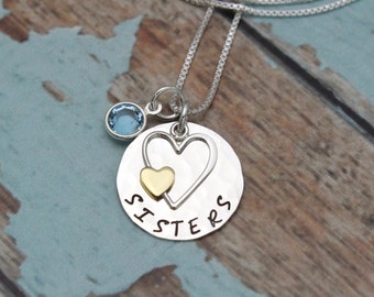 Silver Sister Necklace with Birthstone, Sister Gift, Sisters Necklace with Heart Charm, Hand Stamped, Personalized Sterling Silver Jewelry