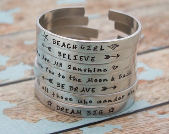 Personalized Hand Stamped Cuff Bangle Bracelet Your Favorite Quote or Names