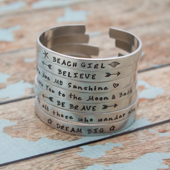 Personalized Hand Stamped Cuff Bangle Bracelet Your Favorite Quote