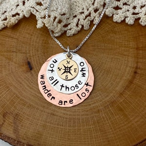 Sterling Silver Copper and Bronze Disc Necklace Not All Those Who Wander Are Lost Compass Hand Stamped Jewelry image 7