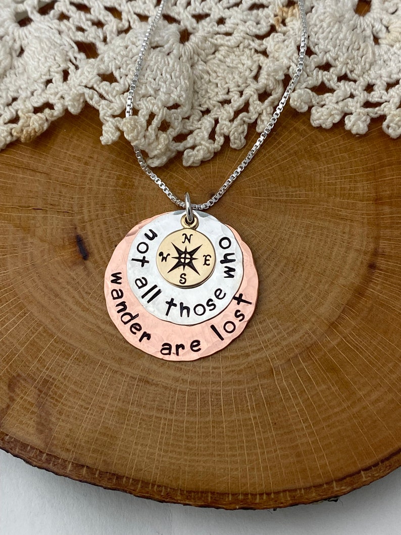 Sterling Silver Copper and Bronze Disc Necklace Not All Those Who Wander Are Lost Compass Hand Stamped Jewelry image 7