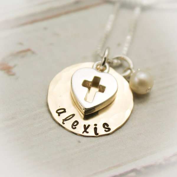 Gold Cross Confirmation Necklace  - Personalized 14K Gold Filled and Sterling Silver with Heart Cross Charm - Cross Necklace with Name
