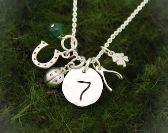Lucky Charms Necklace with Number 7, Shamrock, Horseshoe, Wishbone in all Sterling Silver