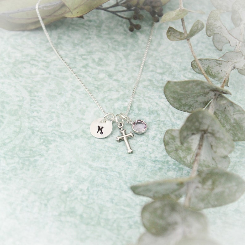 Cross Charm Necklace, Confirmation Cross Necklace, First Communion Cross Necklace, Personalized Hand Stamped Jewelry image 3