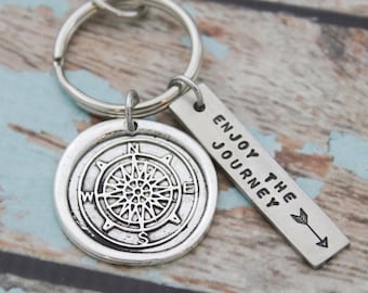 Enjoy the Journey Compass Keychain, Personalized Hand Stamped Pewter Compass Key Chain, Gift for Him, Gift for Her, Graduate Gift