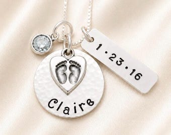 Personalized Baby Feet Necklace, Sterling Silver New Mom Gift, Push Present, Baby Birthstone Necklace, Baby Name & Birth Date