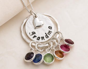 Personalized Grandma Birthstone Necklace: Sterling Silver Grandchildren Jewelry Christmas Mother's Day Gift