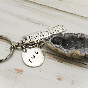 Latitude and Longitude Keychain, Coordinates Key Chain, Geode Keychain, Engagement Anniversary Gifts, Pewter Hand Stamped Personalized