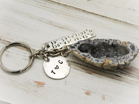 Latitude and Longitude Keychain Coordinates Key Chain Geode