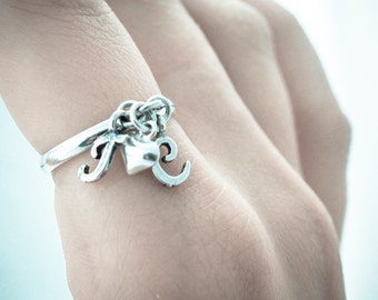 Initial Charm Ring. Sterling Silver Initial Ring. Dangle Ring. Personalized Jewelry. Initial Jewelry.