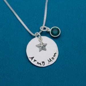 Personalized Silver Army Mom Necklace with Star Charm and Birthstone Customized