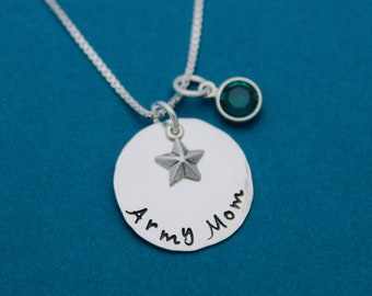 Personalized Silver Army Mom Necklace with Star Charm and Birthstone Customized