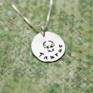 Sterling Silver Taurus Zodiac Necklace: Hand Stamped Boho Jewelry