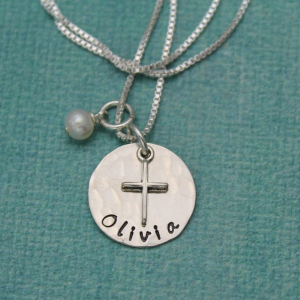 Personalized Cross Necklace, Holy Communion Gift, Confirmation Jewelry, Baptism Gift, Sterling Silver Cross Necklace, Hand Stamped Jewelry