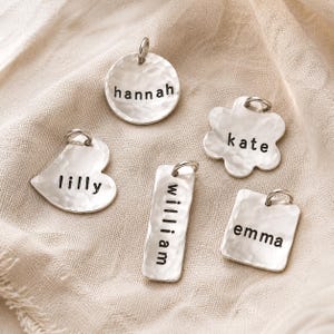 Sterling Silver Personalized Name or Date Hand Stamped Charms Heart Flower Square Disc Rectangle